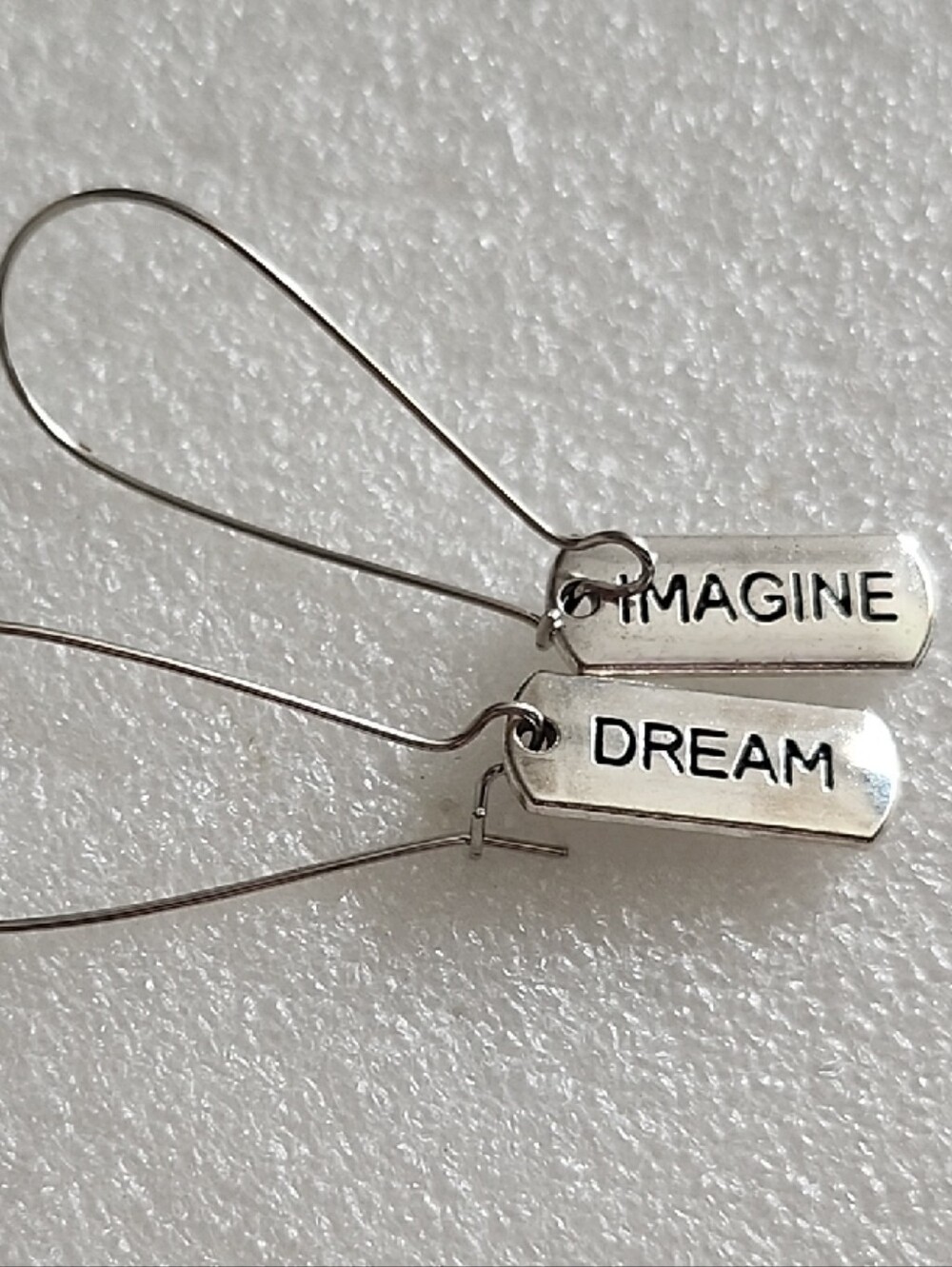Hand Crafted Silver 'IMAGINE' & 'DREAM' Tag Drop Earrings